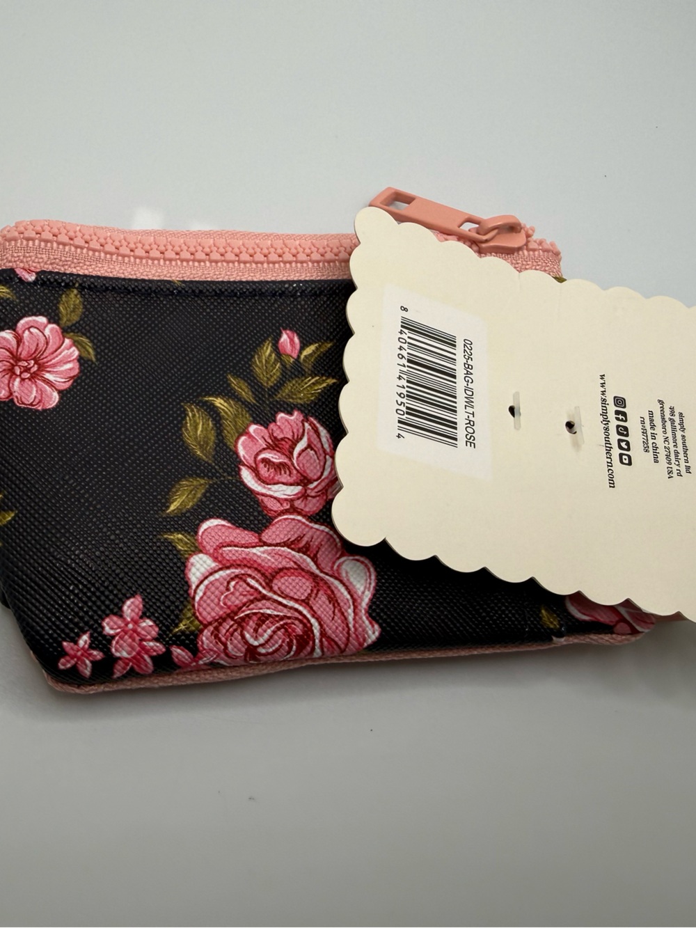 Simply Southern ID coin purse wallet keychain flowers floral roses pink trim